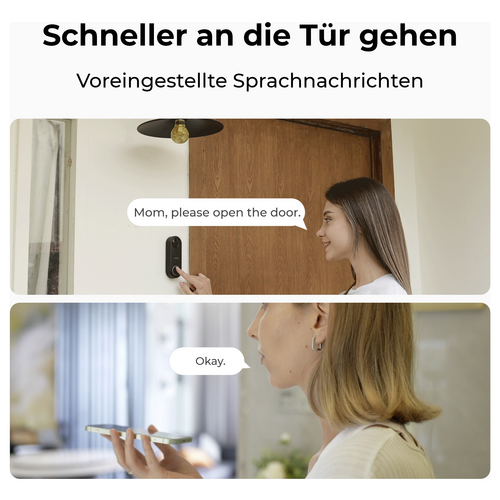 Eine Frau spricht durch ein Tür-Intercom und bittet ihre Mutter, die Tür zu öffnen. Die Mutter antwortet zustimmend.